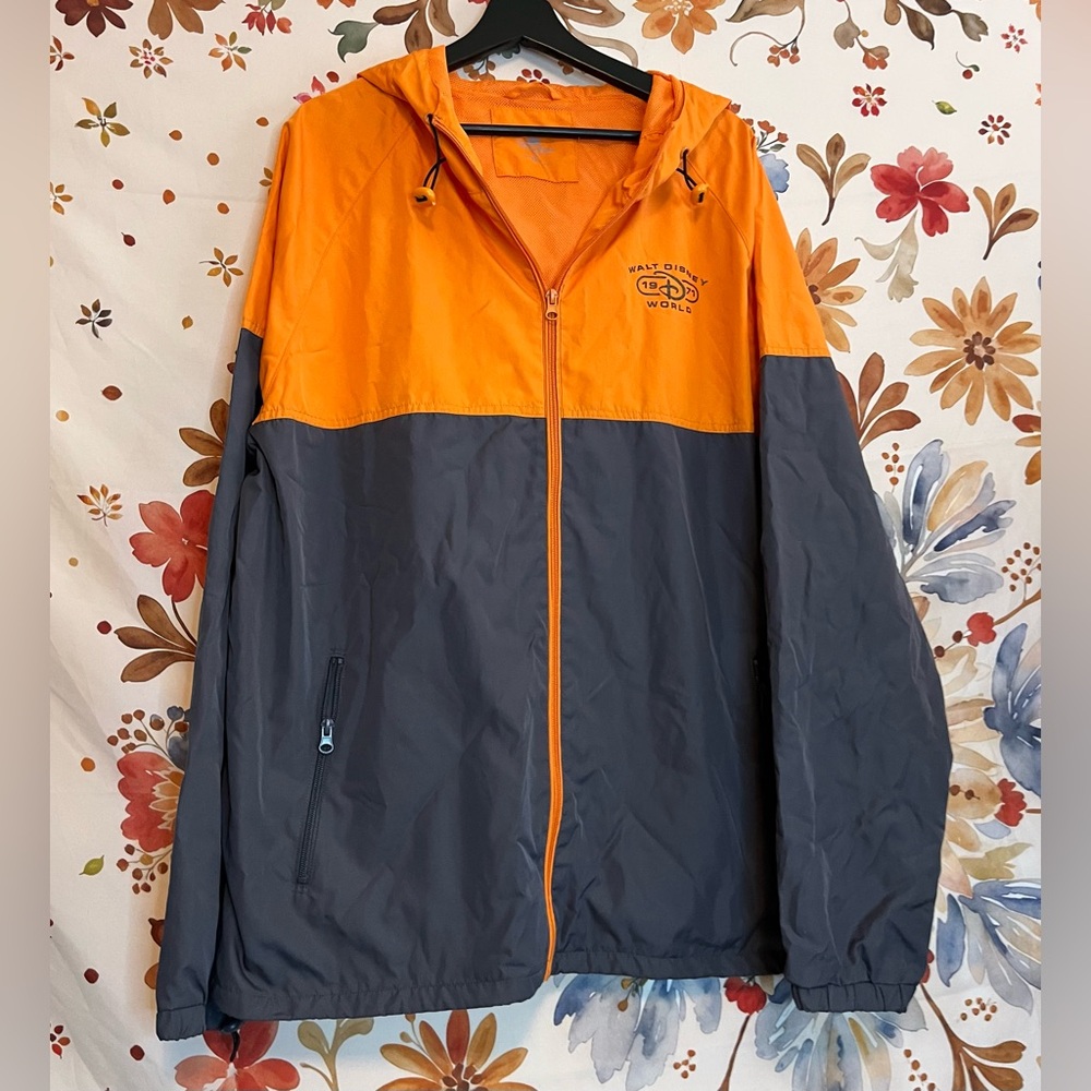 Walt Disney World Unisex Adult Windbreaker XL Authentic Hooded Orange Grey Zip